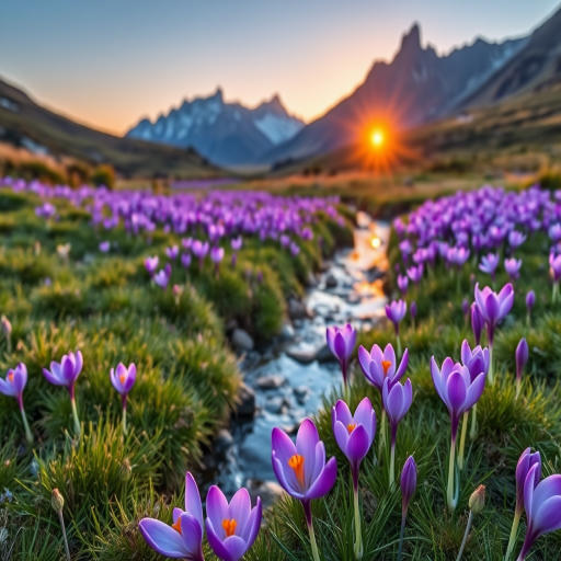 Capture a vibrant landscape at sunrise with a focus on a meadow filled with blooming purple crocuses, a tranquil stream flowing through, surrounded by majestic mountains in the background, use a Canon EOS R5 camera at f/8, ISO 100, 1/200s, with a wide-angle lens to enhance depth and clarity, ensuring a golden hour glow, and a slight HDR effect for rich colors.
