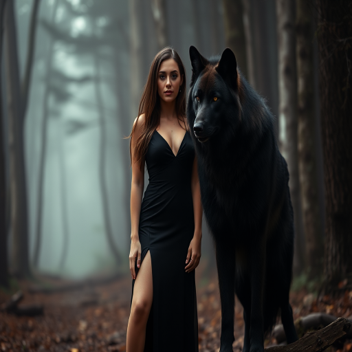 Regenerate the image of a woman in a black dress with a high slit standing next to a large black wolf in a misty forest setting, captured using a Canon EOS R5 with a 50mm f/1.2 lens, aperture set at f/1.2 for a shallow depth of field, ISO 200 for clear detail, and a soft diffused lighting style to enhance the mystical atmosphere.