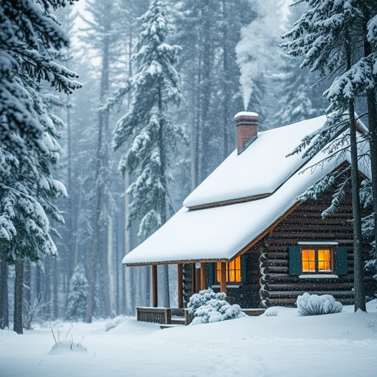 Soft-focus image of a snow-covered cabin in the woods, soft smoke rising from the chimney, and gentle snowfall creating a peaceful winter scene.