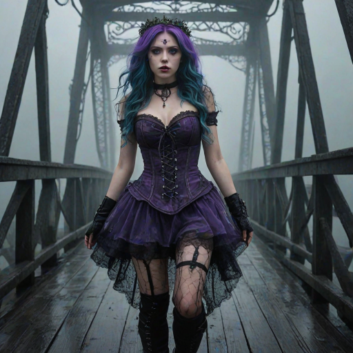 (Bottom-up view view:1.5) Cinematic glamour portrait of a beautiful ((skiny:1.1)) young girl, detailed purple eyes, wearing a Dark Alice in Wonderland dress with a Lace-up corset,  wearing Doc Martens boots with Ripped fishnet tights, green velus hair, on A gothic, fog-shrouded bridge, mist softly illuminated by a bluish or violet light source, supernatural feel, a giant Kraken comes from the mist, dark movie, look in the style of a horror science fiction movie, Dusk on a foggy bridge, unity 8k wallpaper, ultra detailed, beautiful and aesthetic, best quality, intricate, sharp focus, 8k textures , intricate, highly detailed, sharp focus, insane details, intricate details, hyper detailed, exposure blending, hdr, hyperrealistic, shot with Mamiya Leaf, Leica Elmar-M lens, 85mm, f/1.8, (high detailed skin:1.2), uhd, dsir, soft lighting, high quality, film grain,