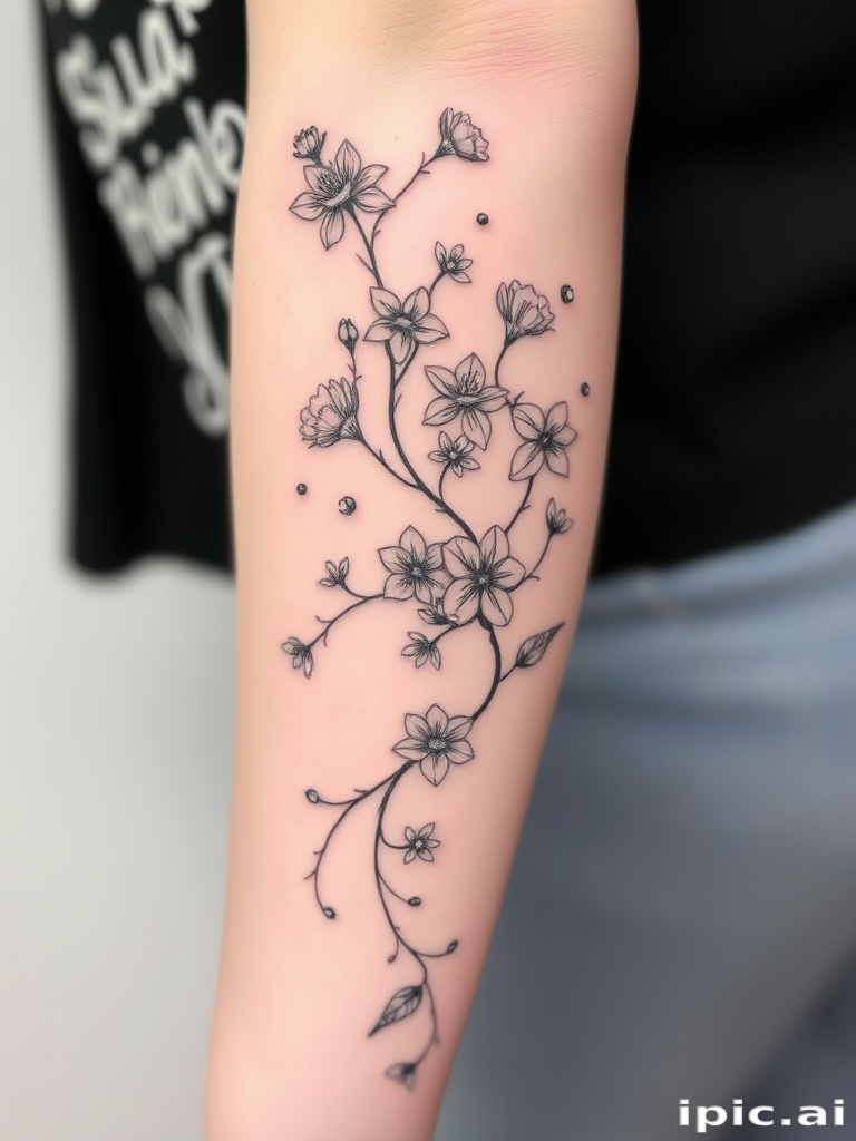 Fine line tattoo "Delicate Reverie" showcasing a detailed botanical illustration of intertwining vines and blossoms in delicate black linework with subtle grey wash shading