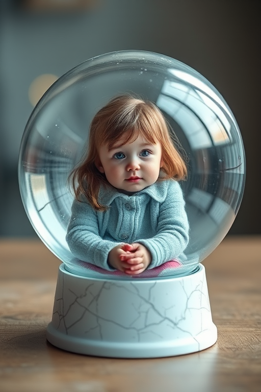 Generate an image of a young girl sitting inside a decorative glass snow globe with a cracked surface, featuring a soft focus background, captured with a 50mm lens at f/1.8, ISO 100, and a shutter speed of 1/200s, using a DSLR in portrait mode to enhance the depth of field and clarity.