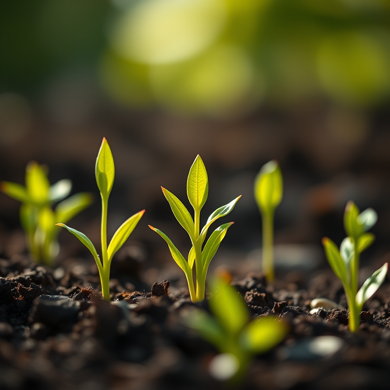 close-up of young green plants sprouting from rich dark soil with soft focus background, natural lighting, DSLR camera, 50mm lens, aperture f/2.8, ISO 100, shallow depth of field, high dynamic range