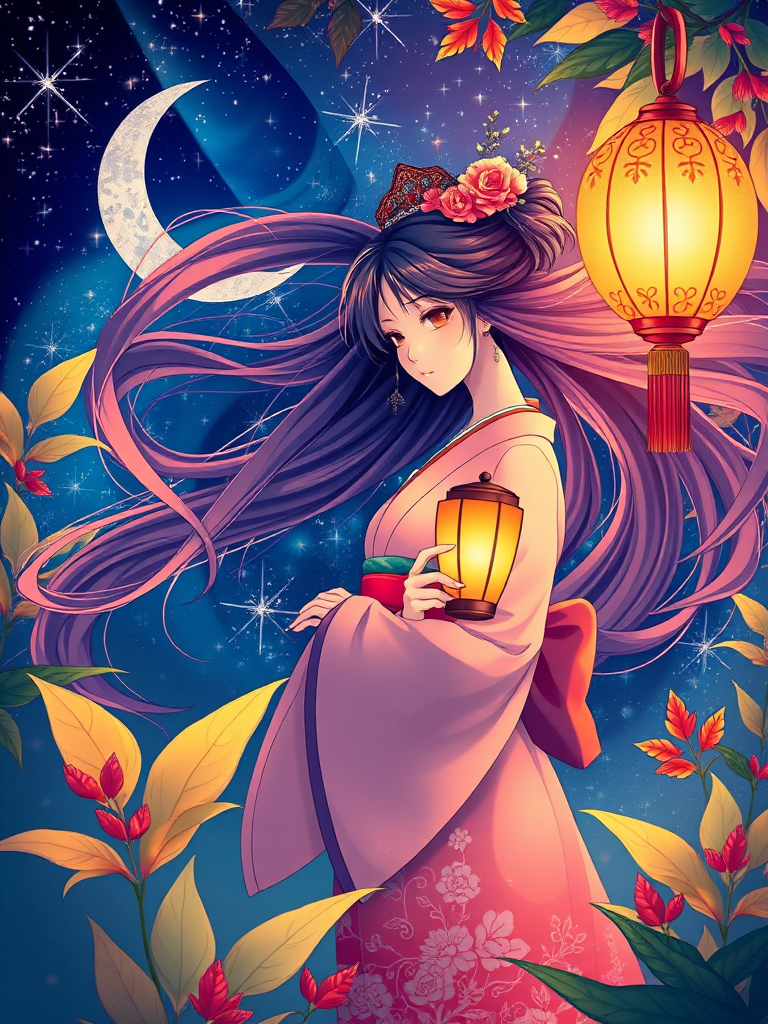 Create an illustration of a woman in traditional Japanese attire holding a lantern, with flowing hair blending into a night sky filled with stars and a crescent moon, surrounded by vibrant leaves and plants, shot with a 50mm lens at f/2.8, ISO 100, and a soft focus effect for an artistic, dreamy quality.