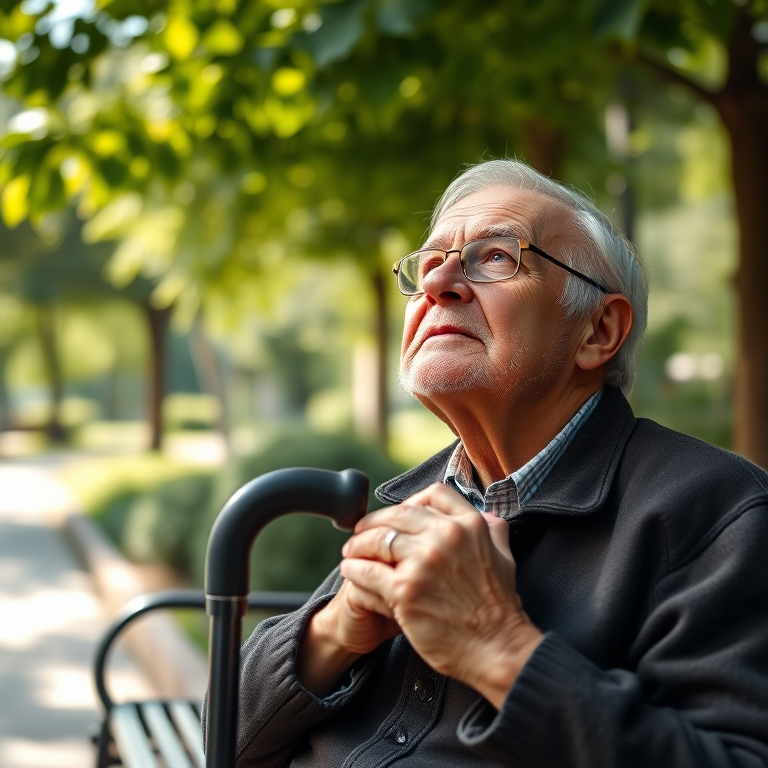 Close-up portrait of an elderly man sitting on a bench in a park, looking upwards with a cane in his hands, soft natural light filtering through green leaves, f/2.8 aperture, 50mm lens, ISO 100, shutter speed 1/200s, captured with a DSLR camera in shallow depth of field to enhance image quality.