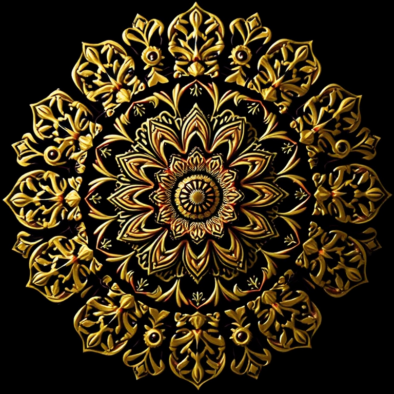 create a highly detailed mandala design with intricate floral patterns and a golden color palette on a black background, capture the image with a Canon EOS R5, 50mm lens, aperture f/2.8, ISO 100, focus on macro details, use soft lighting for enhanced texture and depth