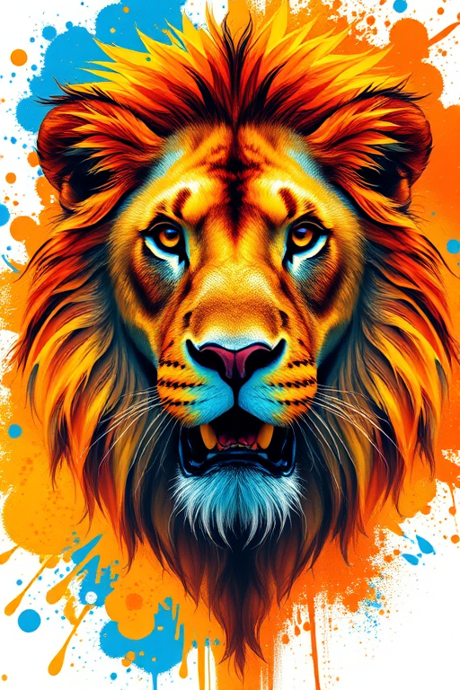 Create an artistic digital painting of a majestic lion's head with vibrant orange and blue splashes in the background, using a high-resolution setting with a Canon EOS R5 camera, 50mm lens, aperture f/1.8, ISO 100, and soft natural lighting to enhance color depth and details.