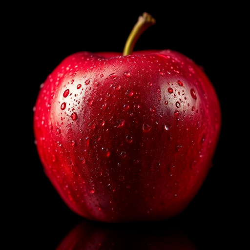 macro shot of a red apple covered in water droplets with black background, aperture f/2.8, shutter speed 1/60s, ISO 100, 50mm lens, soft lighting for enhanced texture, DSLR camera