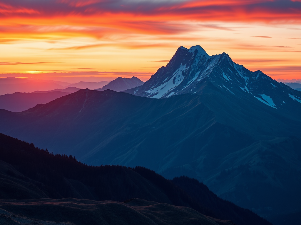 Create an abstract vector graphic of a mountain landscape at sunset, featuring vibrant colors and smooth gradients, shot with a Canon EOS R5 at f/8, ISO 100, 24mm lens, using a wide-angle view for enhanced depth.
