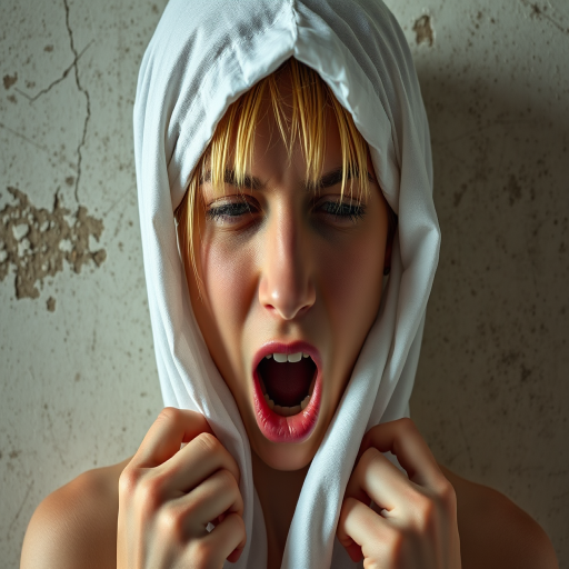 Create a close-up photographic image of the head and torso of a person with light skin tones shown against an old, worn wall. Their head is wrapped in a white cloth covering (i.e.... parts of the head except the nose and mouth, which are open as if they are screaming...), with a slight texture and visible folds in the fabric. Thin strands of blonde hair escape from the wrapping above, falling lightly at the top and sides. Their hands hold the fabric as if they are tugging nervously. The lighting is dramatic and even, casting strong shadows. The image has a minimalist and surreal style with an emphasis on simplicity with soft color tones. The composition is centered.