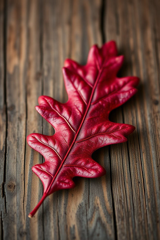 photograph of a deep red oak leaf on a rustic wooden background, taken with a Canon EOS R5, 50mm lens, f/2.8, ISO 100, shallow depth of field, natural light, macro photography style
