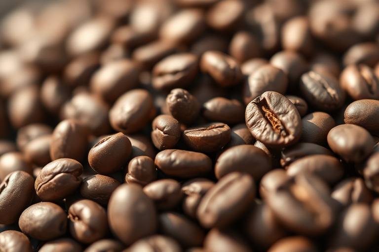 close-up shot of raw coffee beans with a focus on texture and detail, natural lighting, shallow depth of field, 50mm lens, f/2.8, ISO 100, DSLR camera