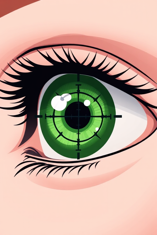 Regenerate an illustration of a stylized eye with a green iris, featuring a focus crosshair overlay, using a high-resolution digital camera, f/2.8 aperture, 50mm lens, and soft focus background for enhanced image quality.