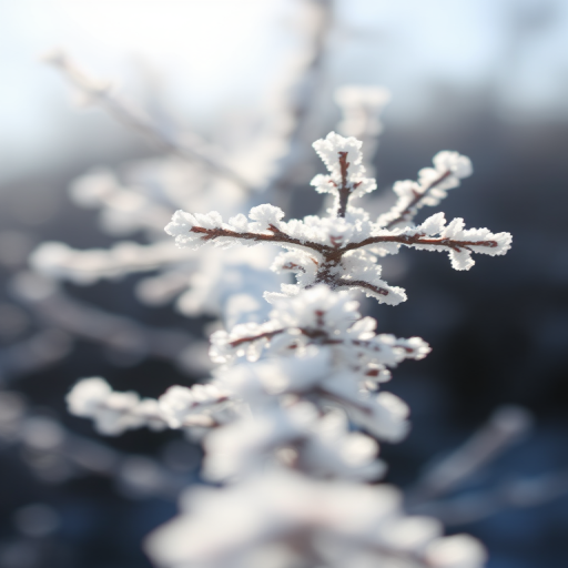 Capture a close-up of frost-covered branches glistening in sunlight with a shallow depth of field, ISO 100, aperture f/2.8, 1/500s shutter speed, using a macro lens on a DSLR camera to enhance detail and clarity.
