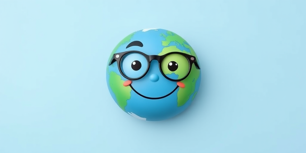Create a smiling cartoon Earth character with glasses on a light blue background using a Canon EOS R5, 50mm lens, f/1.8 aperture, ISO 100, soft lighting, and a flat lay style.