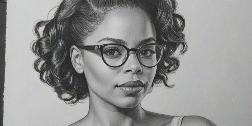 Captivating Sanaa Lathan, pencil sketch, portrait of Enchanting woman 1947s in glasses, hair style beatnik, outline, clear lines, fine lines, 8k