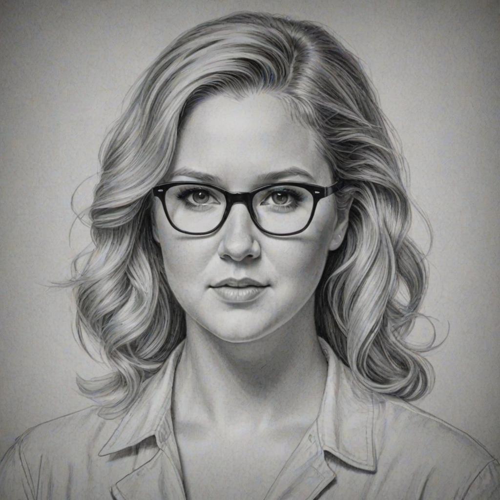 Comely Amy Schumer, pencil sketch, portrait of Ravishing woman 1955s in glasses, hair style beatnik, outline, clear lines, fine lines, 8k