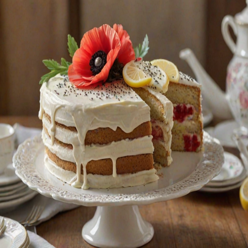 Create an image of a beautiful layered cake on a decorative stand. The cake should be frosted with a smooth white icing and have a light lemon flavor, featuring poppy seeds in the layers. One slice should be cut and placed on a fine china plate, showcasing the interior with its distinct layers. The background should be a soft, natural setting, enhancing the cake's appeal.