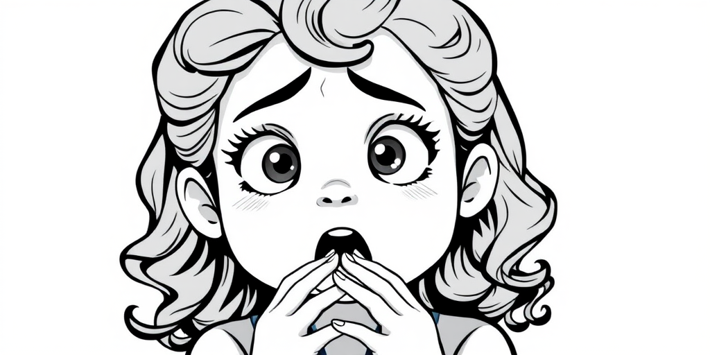 The image is a black and white illustration of a young girl with curly hair. She has a surprised expression on her face with her mouth open and her hands clasped together in front of her chest. Her eyes are wide and her eyebrows are furrowed. Her hair is styled in loose curls that are cascading down her back. The overall mood of the image is one of shock or surprise.
