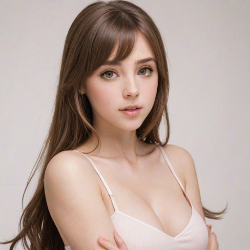 boop, 1girl, brown hair, long hair, solo, pretty, wide eyes, upper body, medium breasts, white background, blush