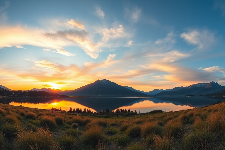 Capture a serene landscape at sunset with a focus on a tranquil lake reflecting the mountains and sky, using a Canon EOS R, with a 24mm lens, aperture set to f/8, shutter speed 1/60 sec, ISO 100, in a panoramic view for enhanced detail and clarity.