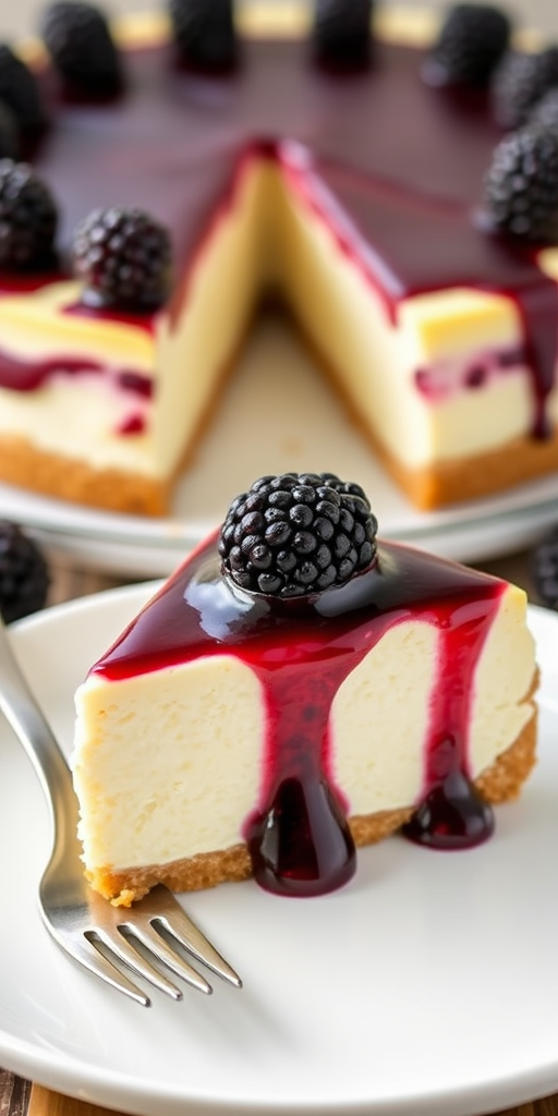 A slice of cheesecake with a creamy white filling and a graham cracker crust topped with a glossy blackberry sauce and fresh blackberries on top, served on a white plate with a fork beside it, with a whole cheesecake in the background.