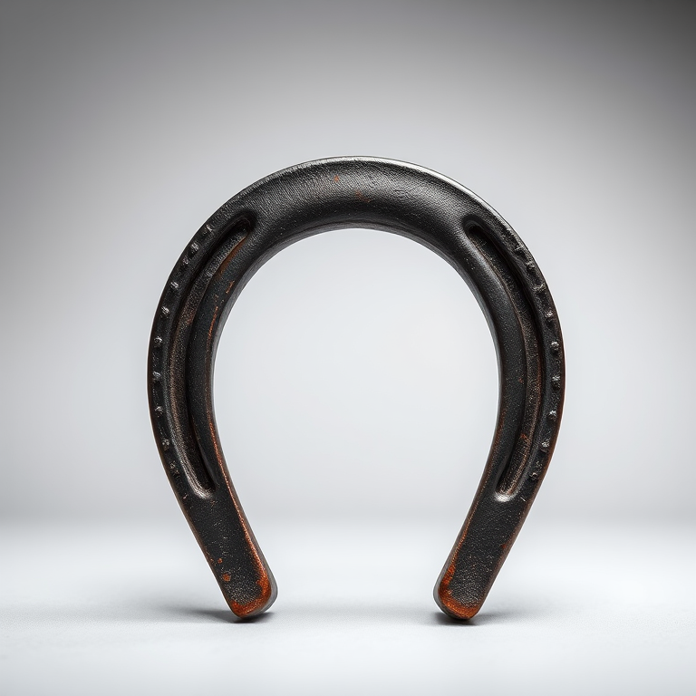 Generate a high-quality image of a horseshoe in a studio setting, using a DSLR camera with a 50mm lens, aperture set to f/2.8, ISO 100, and soft lighting to highlight the texture of the metal.