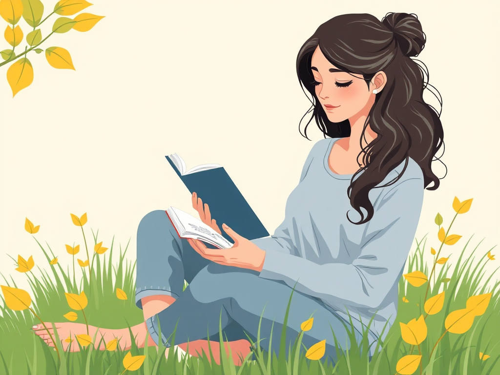 illustration of a woman reading a book while sitting cross-legged on the grass surrounded by yellow and green leaves, soft pastel background, high-resolution, shot with a DSLR camera, 50mm lens at f/1.8, daylight setting for soft lighting, vibrant colors and clear details
