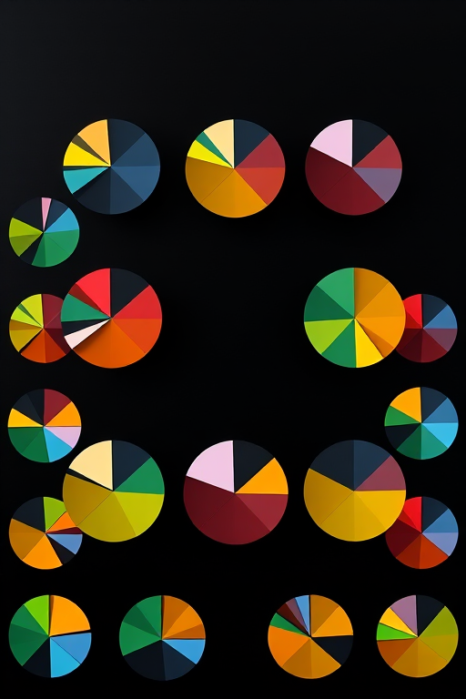 Create a high-resolution image of a 3x3 grid of colorful circular pie charts on a black background, using a DSLR camera with a 50mm lens, aperture f/8, ISO 100, and a top-down view for clarity and detail.