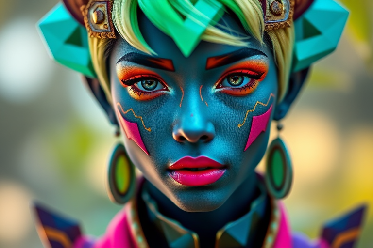 Create a vibrant, high-resolution portrait of a fantasy character with a modern, geometric style, shot with a Canon EOS 5D Mark IV, 85mm lens at f/1.8, ISO 100, natural light, slightly angled view to enhance dimensionality.
