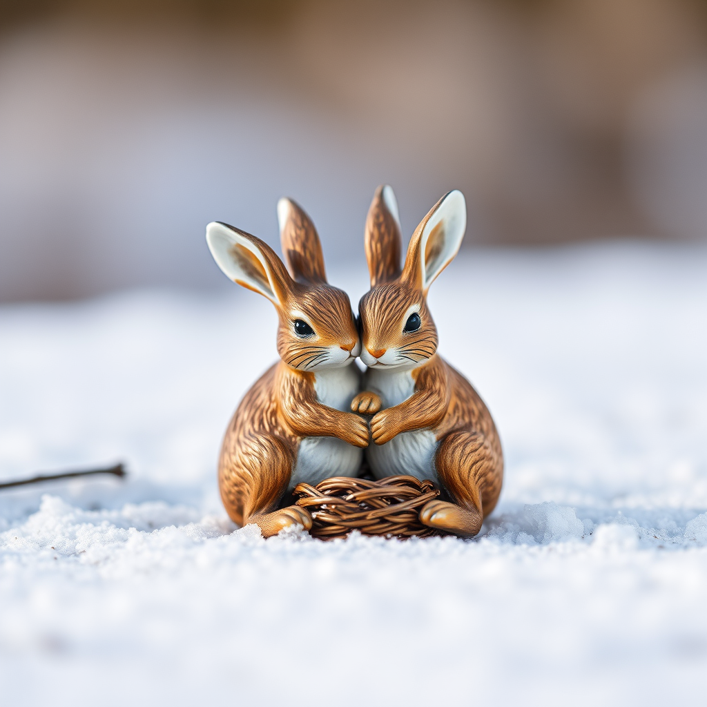 capture two rabbit figurines nestled together on a snowy surface with a macro lens, f/2.8 aperture, ISO 100, 50mm focal length, natural light, shallow depth of field for enhanced focus on details and soft background blur