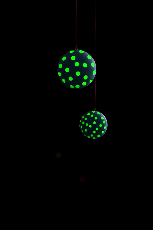 Create an image of a dark background featuring two circular objects with green dotted patterns suspended above, with smaller colored circles nearby, captured with a DSLR camera at f/2.8 aperture, ISO 100, 50mm lens, and shot in macro mode to enhance details and focus.
