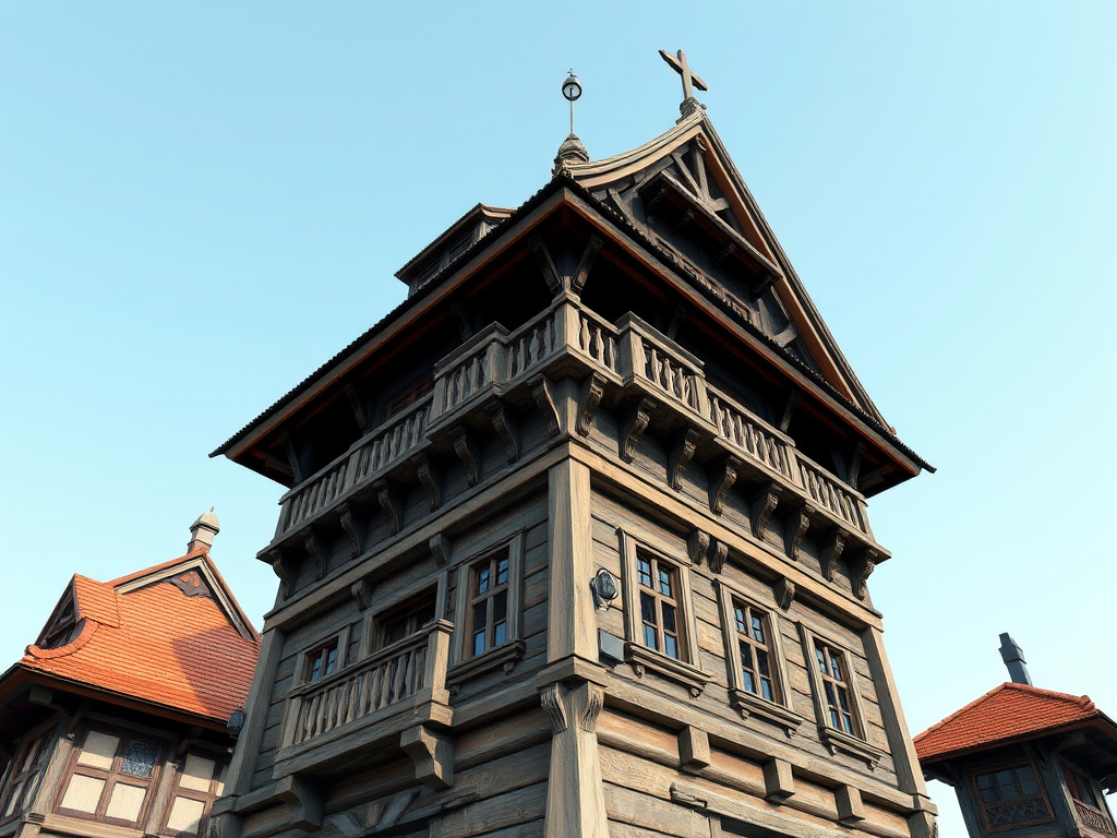Create a highly detailed 3D render of a medieval style wooden tower with a sloped roof, featuring balconies and lanterns, shot with a DSLR camera at f/8 aperture, ISO 100, 24mm focal length, in bright daylight, from a low angle to emphasize the height and structure.