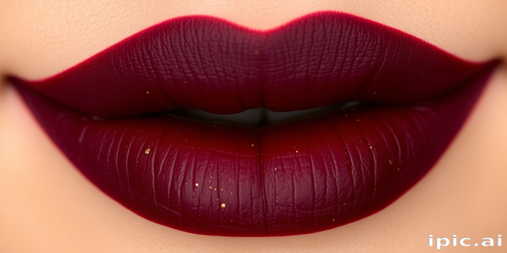 Matte burgundy lips with gold flecks, called "Midnight Merlot," boast a long-lasting formula and a rich, deep color that complements all skin tones