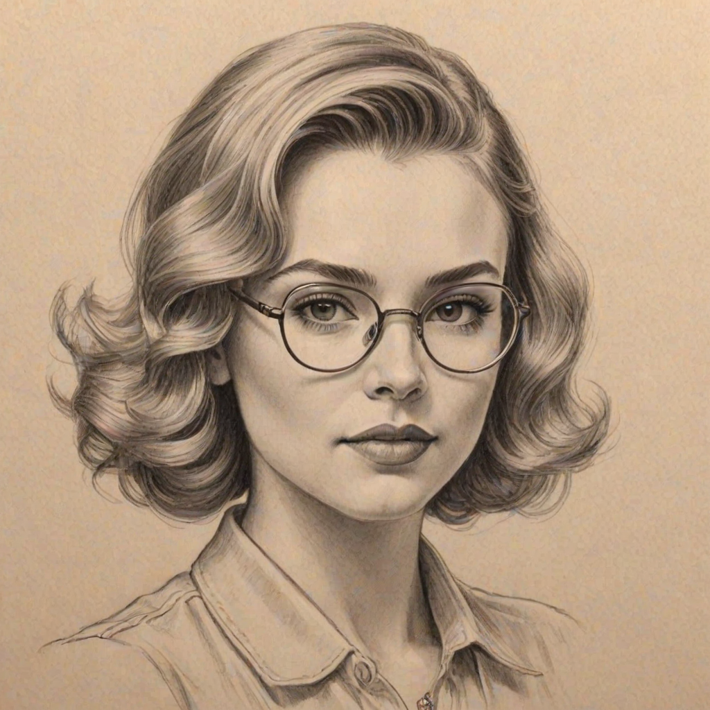 Magnificent Peyton List, pencil sketch, portrait of Exquisite woman 1933s in glasses, hair style beatnik, outline, clear lines, fine lines, 8k