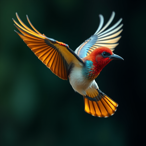 Create a high-resolution digital illustration of a stylized bird in flight, focusing on vibrant colors and intricate feather details, captured with a Canon EOS R5 at f/4, ISO 100, 1/250 sec, using a macro lens to enhance the texture and depth.