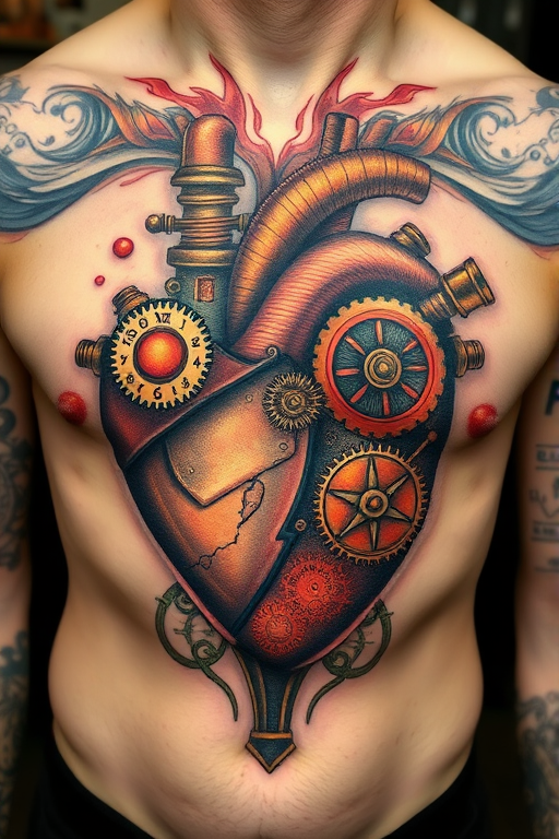 Steampunk tattoo named "Chrono Construct" featuring an intricate mechanical heart design with gears, pistons, and clockwork elements, accented with copper and brass tones, creating the illusion of a functioning steam-powered organ, suitable for chest, back, or upper arm placement