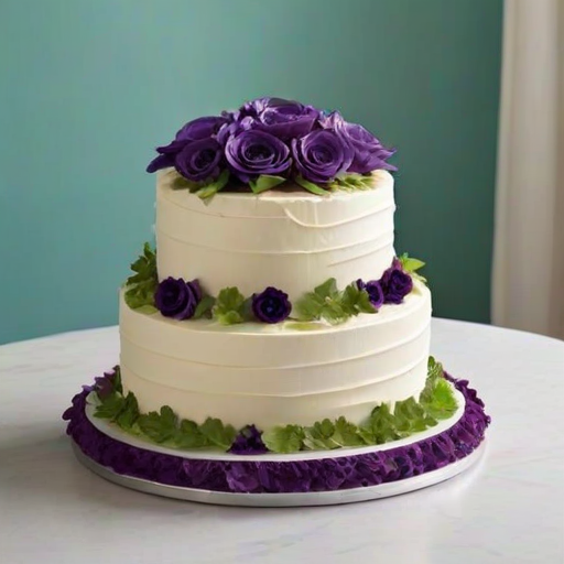 Create a three-tier cake with a smooth white buttercream finish. Decorate the cake with an assortment of purple flowers including roses, anemones, and chrysanthemums. Add green foliage for contrast and texture. Ensure the flowers appear realistic and vibrant, enhancing the elegance of the cake.