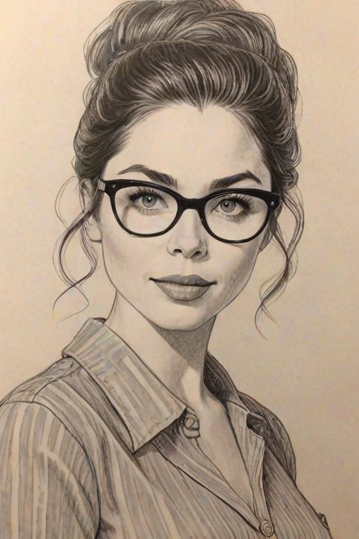 Graceful Grace Phipps, pencil sketch, portrait of Captivating woman 1965s in glasses, hair style beatnik, outline, clear lines, fine lines, 8k