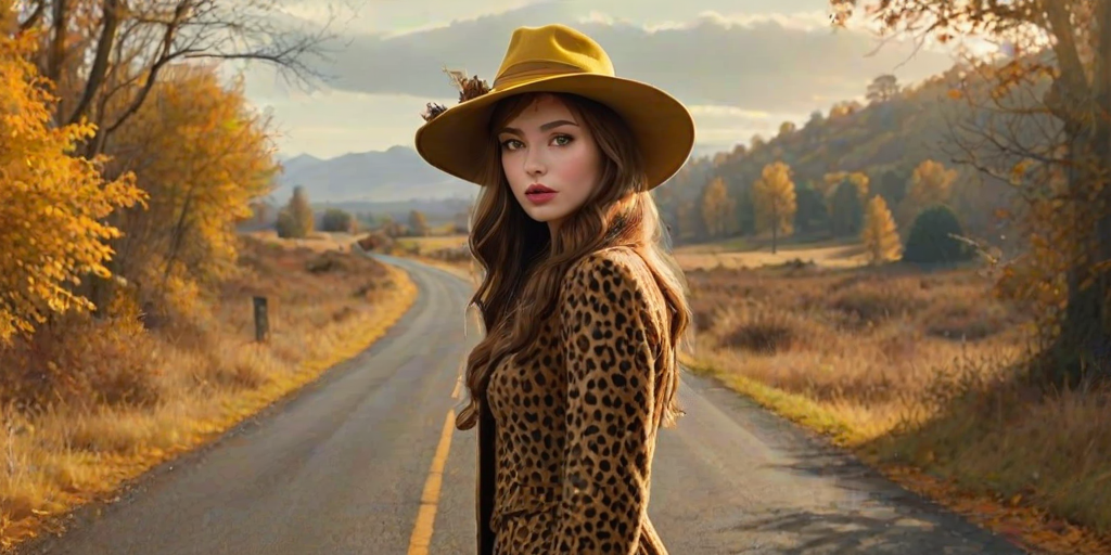 digital art fantasy depicting a strange girl with brown hair, long eyelashes, Yellow lipstick and a tall hat walking along a winding road on an autumn afternoon, an Jaguar smiles as she passes