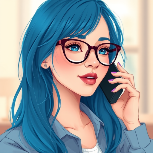 Create an illustration of a woman with glasses and blue hair talking on a phone, using a soft color palette, capture it with a DSLR camera at f/2.8 aperture, ISO 100, 50mm lens, focusing on vibrant details and smooth textures, with a slight blur background to enhance depth.