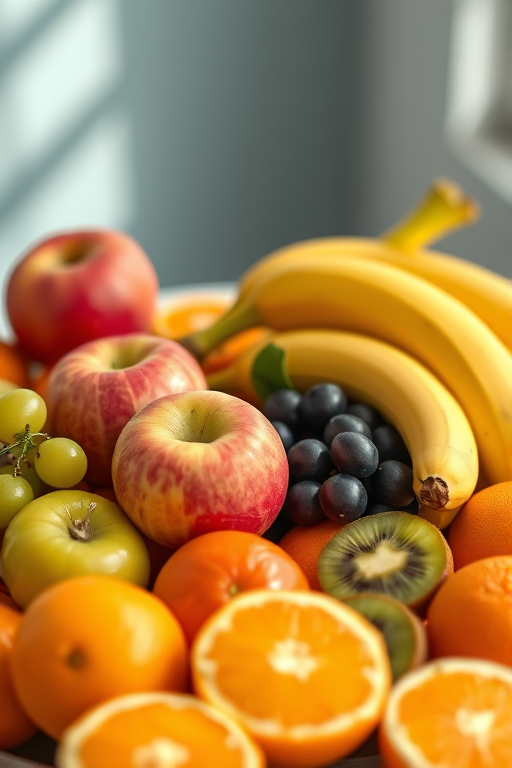 Create an image of a colorful fruit platter including apples, grapes, mandarins, bananas, kiwis, and oranges, using a Canon EOS R5 camera with a 50mm f/1.8 lens, aperture set to f/2.8, ISO 100, and a shallow depth of field, with soft natural lighting from the side for a fresh and vibrant look.