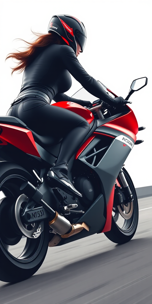 create a high-resolution vector art illustration of a female motorcyclist in a black outfit riding a sleek red sports bike, shot from a low angle to emphasize speed, using a Canon EOS R5 with a 50mm lens, f/1.8 aperture, ISO 100, and a shutter speed of 1/250s for sharpness and detail