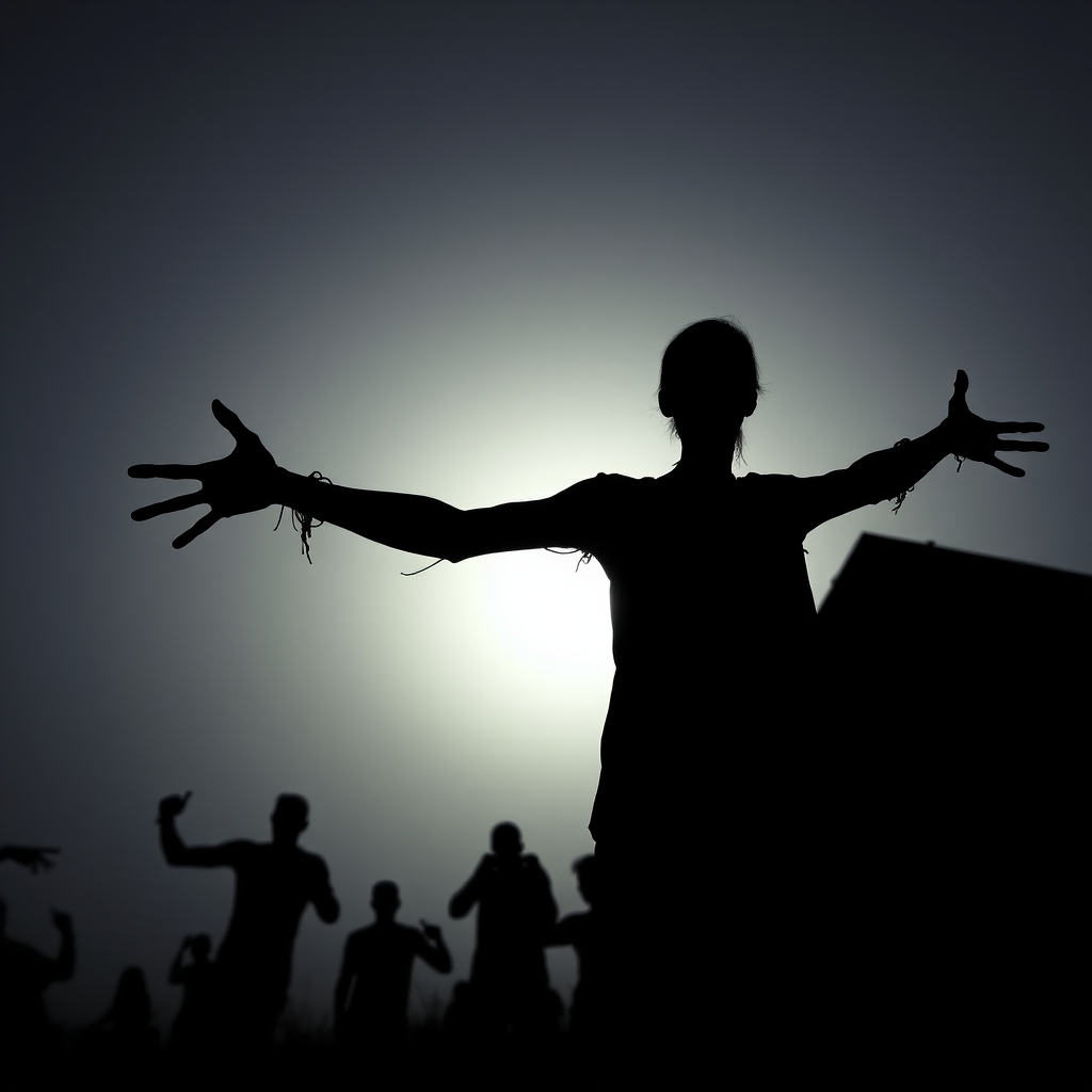 Generate a high-resolution silhouette image of a zombie with outstretched arms, captured from a low-angle view, using a DSLR camera set to f/5.6, 1/125s shutter speed, and ISO 200 for optimal clarity and detail.
