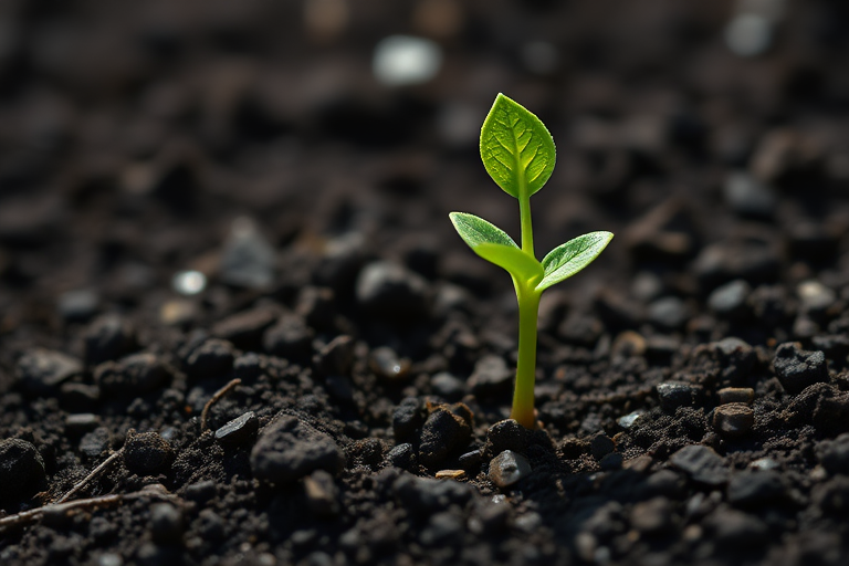 Generate a high-resolution image of a young green plant sprouting from dark soil, captured with a DSLR camera at f/2.8 aperture, 50mm lens, ISO 200, in natural light to enhance detail and color vibrancy.