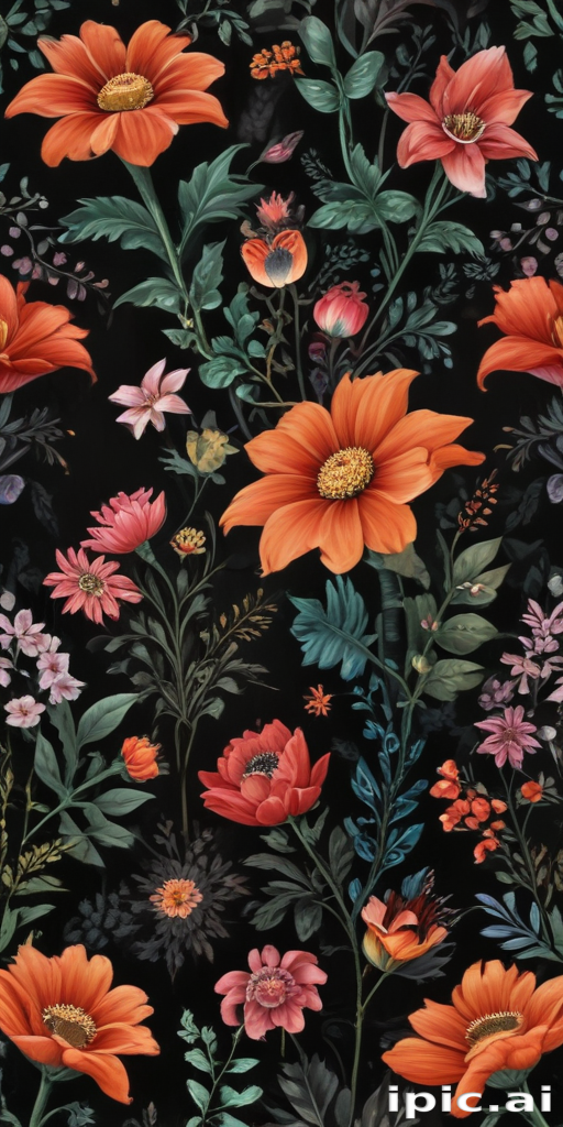 Vibrant Floral Pattern Featuring Diverse Flowers on a Dark Background