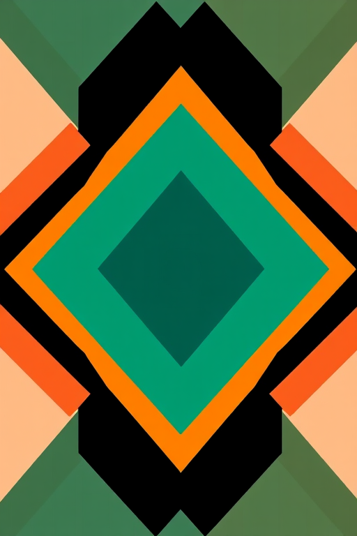 Create a vibrant geometric pattern with a diamond shape, using shades of teal, green, orange, pink, and cream on a black background, shot with a DSLR camera at f/8, ISO 100, 50mm lens, top-down view, high contrast, and in bright natural lighting.