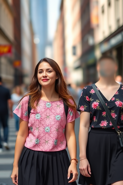 Two young women walking together on a city street, one wearing a pink patterned top and a black skirt, the other wearing a dark floral top and a black skirt, slight bokeh background, natural sunlight, aperture f/2.8, ISO 100, shutter speed 1/250s, DSLR camera with 50mm lens.