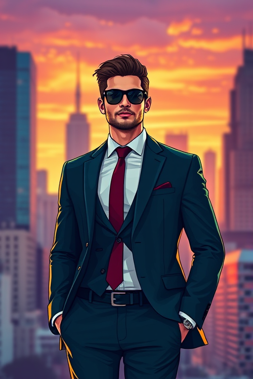 Create a digital illustration of a trendy businessman in a suit with sunglasses standing confidently against a city skyline backdrop during sunset, camera settings: f/8 aperture, ISO 100, shutter speed 1/125 sec, camera view: eye level, camera style: vibrant color palette with high contrast, camera type: digital SLR.
