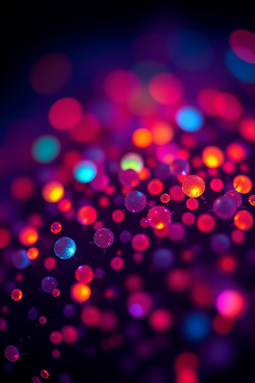 Detailed macro photograph of colorful illuminated particles resembling cells in dark blue background, taken with a DSLR camera, 50mm lens, f/8 aperture, ISO 200, 1/125s shutter speed, with soft-focus effect and high contrast for enhanced clarity.